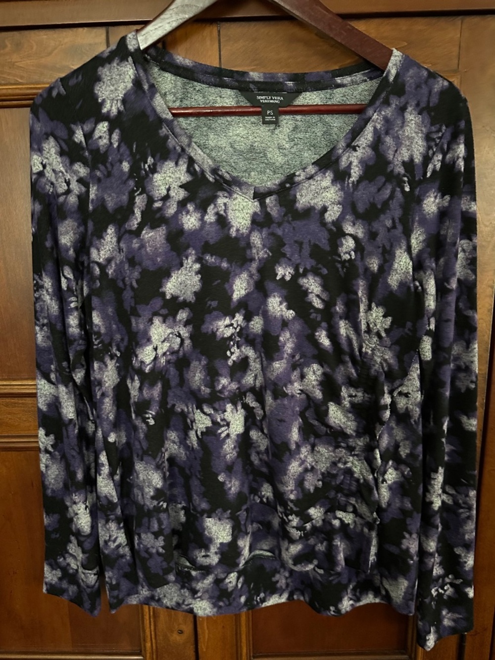 Simply Vera VeraWang V-Neck Ruch Ruffle Purple Black Long Sleeve Top Size PS NWT